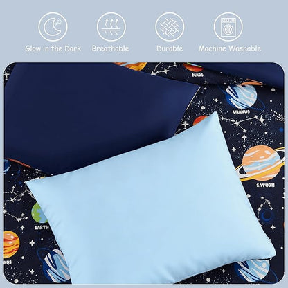 Toddler Bedding Set - 4 Pieces Toddler Comforter Set for Kids Boys, Glow in The Dark Space Bed in A Bag with Sheets