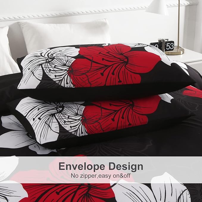 Menghomeus Black Comforter Set Queen Red and White Floral Comforter with 2 Pillowcases Modern Bedding Sets Lightweight Bed Set for All Season
