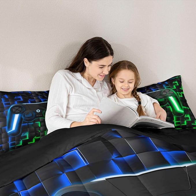 Erosebridal Gamer Boys King Bedding Sets Gaming Comforter Set for Kids Teen Men,3D Neon Lights Ombre Geometric Checkered Gamepad Bed Comforter Set Soft Lightweight Quilt Duvet,Green Indigo Blue