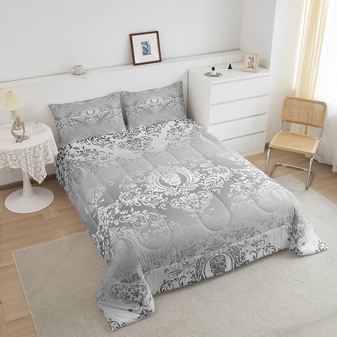 Feelyou Adults Silver Vintage Damask Floral Comforter Set Oriental Antique Comforter Twin Size Gothic Bohemia Boho Bedding Set Exotic Sugar Skull Duvet Set Quilt Set 2Pcs