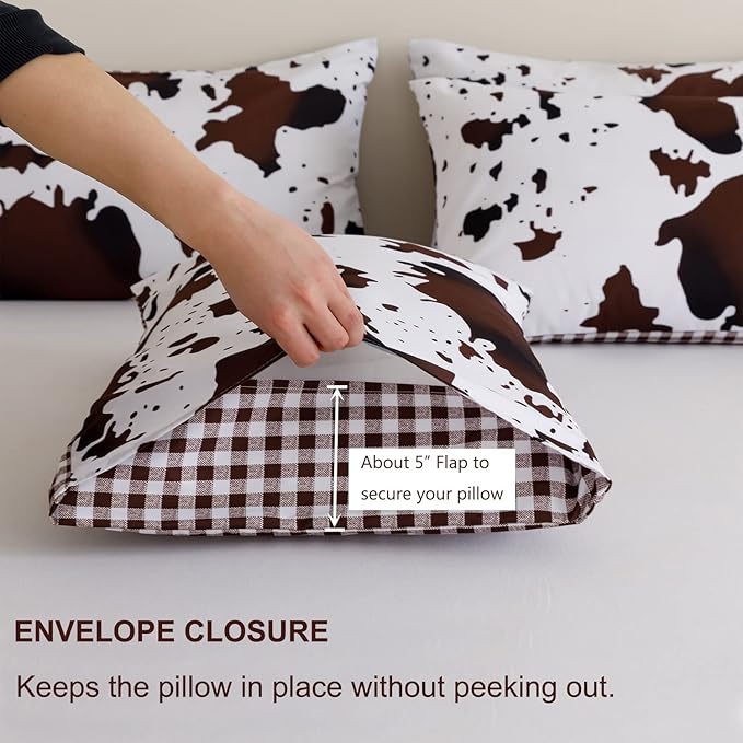 PERFEMET Cow Print Boys Comforter Full Size 3 Pieces - (1 Comforter & 2 Pillowcases), Cowhide Western Bedding Set for Kids Girls, Reversible Plaid Teen Boy Bed Set (Brown White, Full)