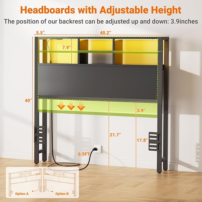Aheaplus Headboard for Twin Size Bed with Storage, Headboards with Outlets | Twin Size Head Board Only, with USB Ports and LED Light, Height Adjustable, Reversible, Sturdy and Stable Headboard, Black