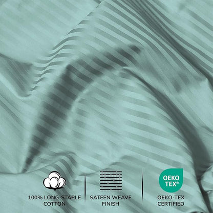Feather & Stitch 500 TC California King Size Damask Bed Sheet Set,100% Cotton Soft Breathable Bedsheets 4 Piece 18" Deep Pockets Sateen Weave Striped Bedding - (Granite Green Stripe)