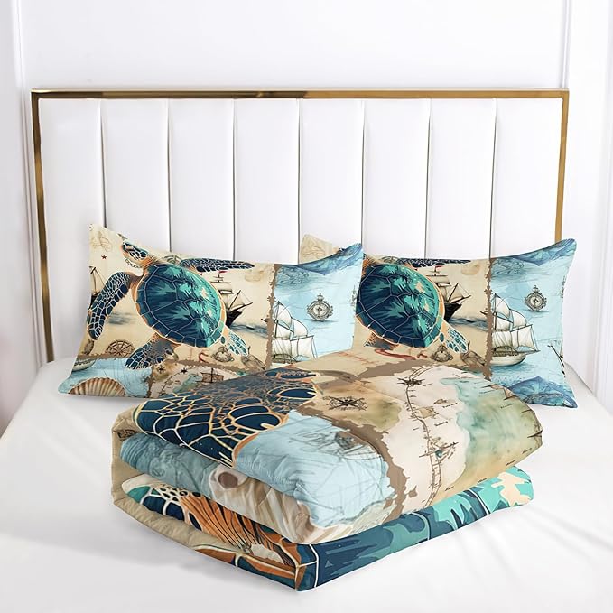 Sea Turtle Comforter Set Twin Navigation Theme Bedding Sets 3PCS for Kids Teen Adult Sailboats Room Decor Ultra-Soft Lightweight Microfiber 1 Comforter with 2 Pillowcases
