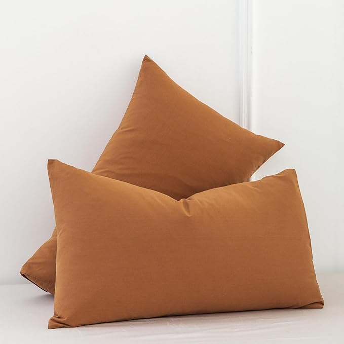 MooMee Bedding Pillowcases Pack of 2 100% Washed Cotton Linen Like Textured Breathable Durable Soft Comfy (Solid Dark Orange, King)