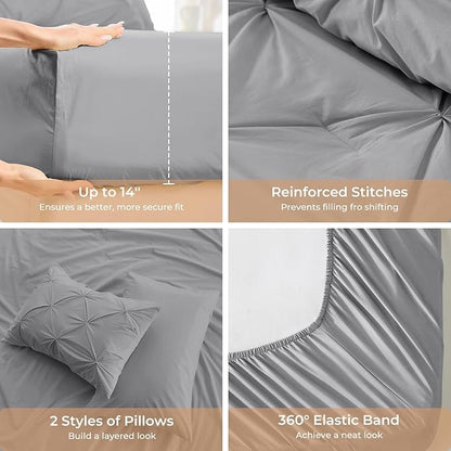 Sasttie Twin XL Comforter Set, 5-Piece Bed in a Bag, Pintuck Bedding Sets for All Season, Includes Comforter, Flat Sheet, Fitted Sheet, Pillowcase and Pillowsham, Light Grey