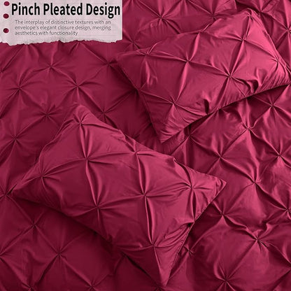 VACVELT 5 Piece Pinch Pleated Duvet Cover King Size Set, Burgundy Pintuck Duvet Cover with Zipper & 8 Ties, Shabby Chic Microfiber Duvet Cover + 2 Pillow Shams + 2 Pillowcases, No Comforter