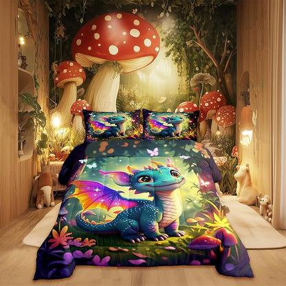 Castle Fairy Cute Dragon Comforter Set King Size Mushroom Floral Butterfly Bedding Set Toddler Bedroom Decor Purple Orange Wings Dragon All Season Quilt Set Dreamy Jungle Bedding Comforter Sets,3Pcs