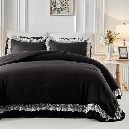 Joyreap King Size Comforter Set Black, 3pcs Lace Ruffled Bedding Comforter Set, Microfiber Vintage Gothic Boho Chic Bedding Set for All Season- 100x88 inches