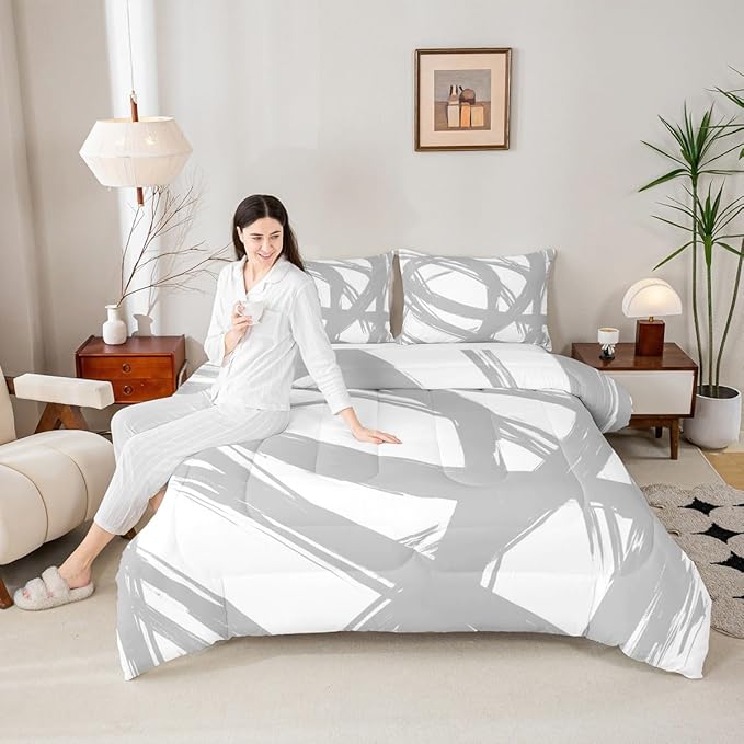 Erosebridal Gray and White Abstarct Toddler Bedding Set,Aesthetic Geometric Comforter Set for Minimalists,Graffiti Stripes Lines Quilt,Contemporary Boho Modern Art Duvet Insert for Minimalism