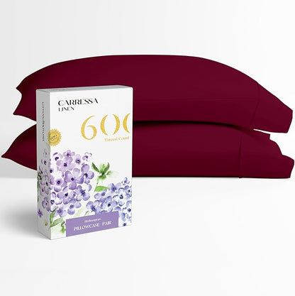 Carressa Linen 100% Egyptian Cotton Pillow Cases Standard Size Set of 2 - Luxury 600 Thread Count Queen/Standard Pillowcases (Classic Burgundy), Soft, Cooling Extra Long Staple Hotel Pillow Covers