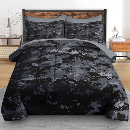 Comforter Set Twin Size, Camouflage Camo Military 5 Pcs Bedding for Kids and Adults, Gray Black Bed Sheet Sets with Fitted Sheet Pillowcases & Shams for Bedroom Bed Decor