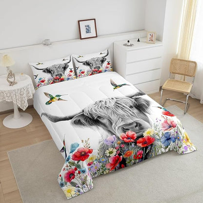 Highland Cow Comforter Set Full, Red Poppy Floral Bedding Set for Teens Boys Girls Adult, Hummingbird Western Funny Animals Quilt Set Cattle Bull Cattle Wild Animals Farmhouse Down Comforter