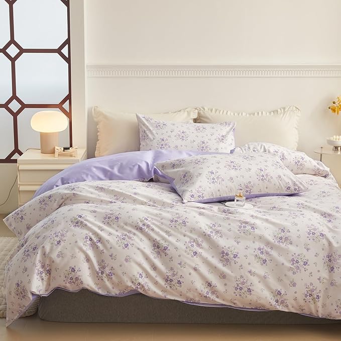 HighBuy Full Size Comforter Set White Purple Floral Printed Bedding Comforter Sets Full 3 Pieces for All Season Vintage Flowers Comforter Sets for Kid Teen Toddler Floral Comfy Comforter Set