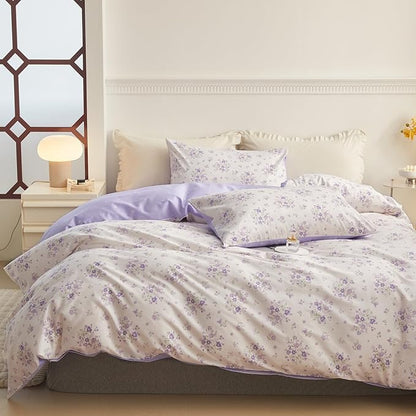 HighBuy Full Size Comforter Set White Purple Floral Printed Bedding Comforter Sets Full 3 Pieces for All Season Vintage Flowers Comforter Sets for Kid Teen Toddler Floral Comfy Comforter Set
