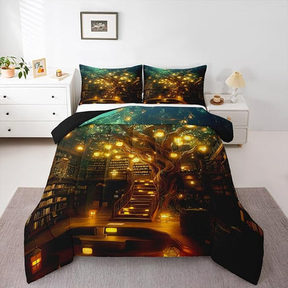 Castle Fairy Magical Mysterious Style Kids Comforter Set,Bookshelf Bookcase Bedding Set All Season,Modern Building Trees Comforter 2 Pcs with 1 Pillowcase,Toddler Size