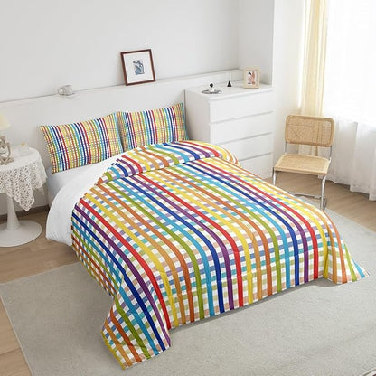 Manfei Colorful Plaid Bedding Set Full Size Buffalo Check Plaid Comforter Classic Gingham Pattern Comforter Set Cartoon Stripes Geometric Duvet Set 3Pcs Quilt Set 1 Comforter Set with 2 Pillowcase