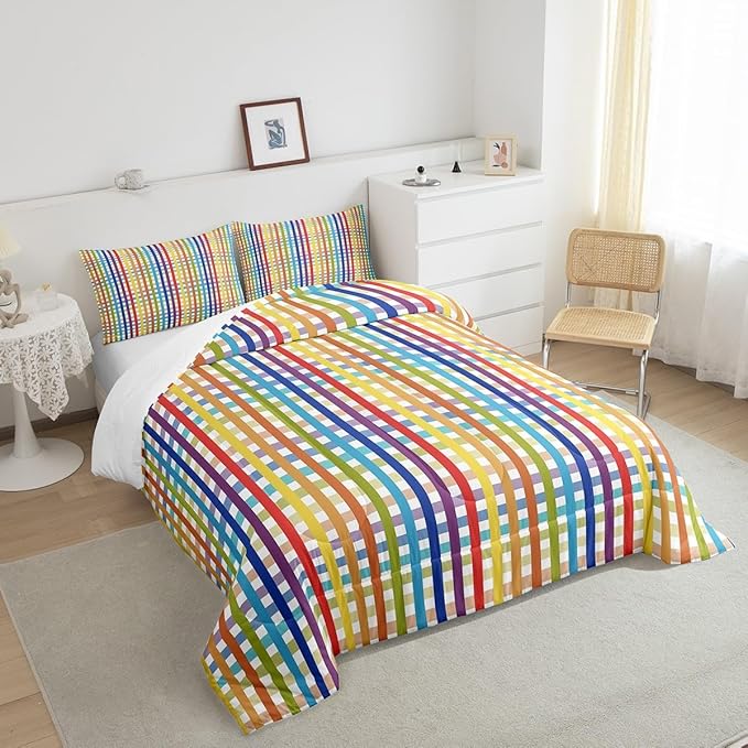 Manfei Colorful Plaid Bedding Set Twin Size Buffalo Check Plaid Comforter Classic Gingham Pattern Comforter Set Cartoon Stripes Geometric Duvet Set 2Pcs Quilt Set 1 Comforter Set with 1 Pillowcase