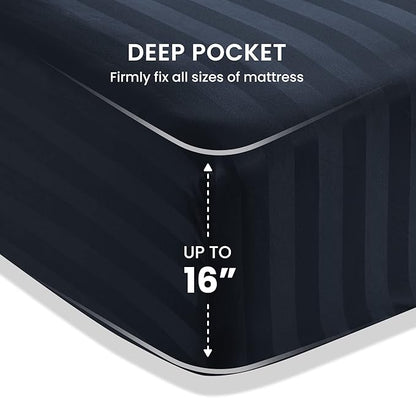 SLEEP ZONE Striped Cooling Queen Sheets Set - Fitted Flat Sheet & Pillowcase Sets 4 Piece - Super Soft Stripe Bed Sheet, Easy Care, Deep Pocket (Navy Blue, Queen)
