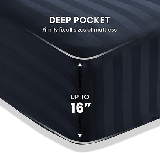 SLEEP ZONE Striped Cooling Queen Sheets Set - Fitted Flat Sheet & Pillowcase Sets 4 Piece - Super Soft Stripe Bed Sheet, Easy Care, Deep Pocket (Navy Blue, Queen)