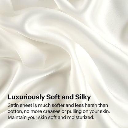 BEDELITE King Size Sheets Set, Luxury Soft Ivory White Satin Sheets for Hair and Skin, Similar to Silk Bed Sheets Set 4 Pieces with 1 Deep Pocket Fitted Sheet, 1 Flat Sheet, and 2 Pillowcases