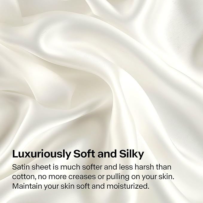 BEDELITE California King Sheets Set, Luxury Soft Ivory White Satin Sheets for Hair and Skin, Similar to Silk Bed Sheets Set 4 Pieces with 1 Deep Pocket Fitted Sheet, 1 Flat Sheet, and 2 Pillowcases