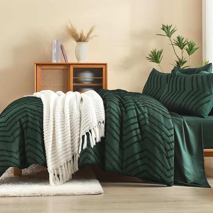 Litanika Comforters Queen Size Set with Sheets Dark Emerald Green - 7 Pieces Bed in a Bag Queen Chevron Tufted Complete Beddding Sets with Comforter, Sheets, Pillowcases & Shams
