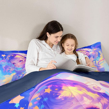 Erosebridal Watercolor Anime Girl Bedding, 3D Anime Comforter Set Cosmo Galaxy Sci-Fi Virtual Reality Queen Bed Comforter Set for Boys Girls Graffti Stars Print Duvet Insert