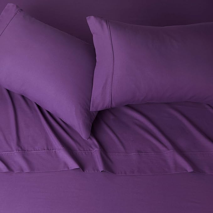 Amazon Basics Breathable Microfiber 4-Piece Bed Sheet Set with 14-Inch Deep Pockets, Wrinkle Resistant, King, Plum, Solid