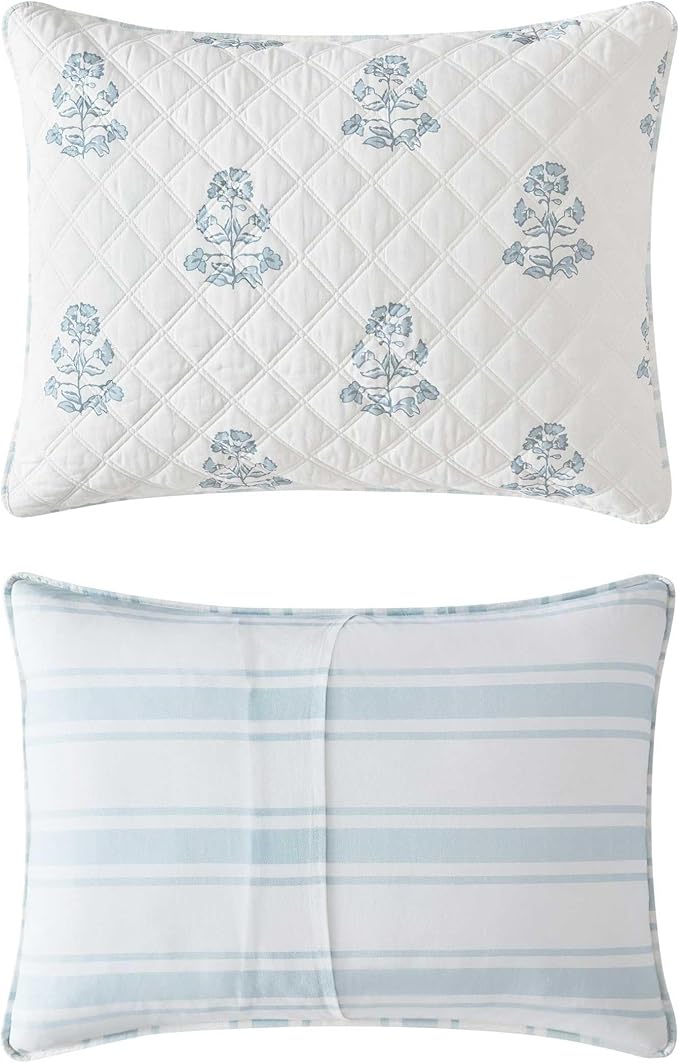Martha Stewart - Queen Quilt Set, 100% Cotton Reversible Bedding Set, Incredibly Soft Feel for Year Round Comfort, 3 Piece Bed Set with Matching Pillowcases (Flower Block Print Blue)