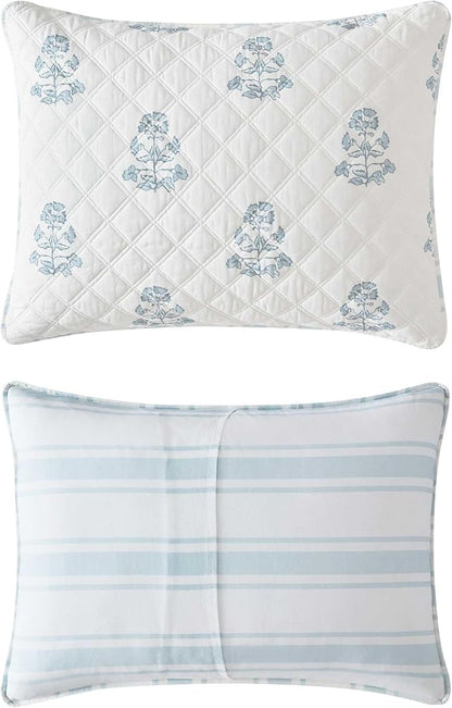 Martha Stewart - King Quilt Set, 100% Cotton Reversible Bedding Set, Incredibly Soft Feel for Year Round Comfort, 3 Piece Bed Set with Matching Pillowcases (Flower Block Print Blue)