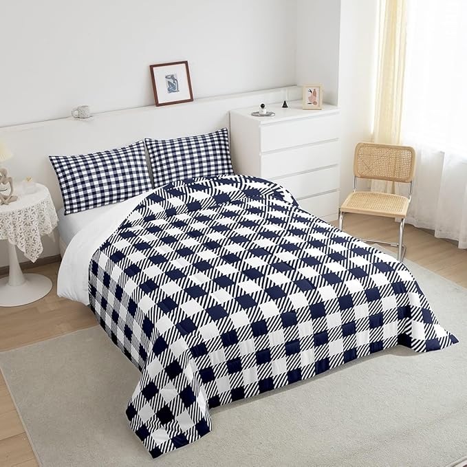 Manfei Navy Blue Plaid Bedding Set Twin Size Buffalo Check Plaid Comforter Classic Gingham Pattern Comforter Set Navy White Grid Duvet Set 2Pcs Quilt Set 1 Comforter Set with 1 Pillowcase