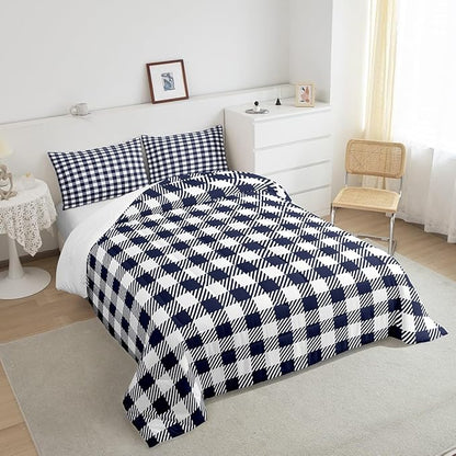 Manfei Navy Blue Plaid Bedding Set Twin Size Buffalo Check Plaid Comforter Classic Gingham Pattern Comforter Set Navy White Grid Duvet Set 2Pcs Quilt Set 1 Comforter Set with 1 Pillowcase
