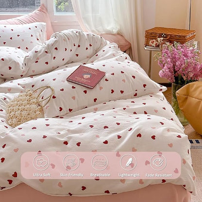 Girls Comforter Set Full Size - 3 Pieces Red Pink Heart Comforter Bedding Sets for Kids,Full Bed in a Bag with Heart Comforter and 2 Pillowcases