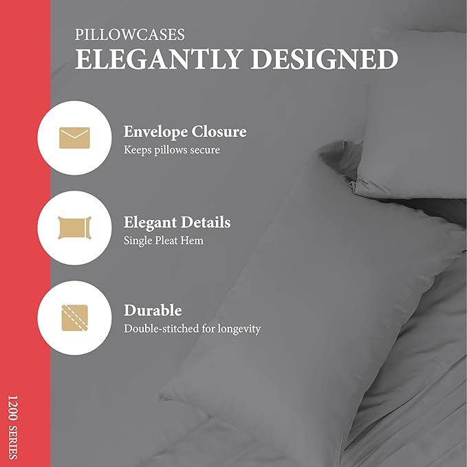 Ashton Sheets 100% Egyptian Cotton Pillow Cases King Size Set of 2 - Luxury 1200 Thread Count Sateen Weave Dark Grey Pillow Covers, Silky Soft 5 Star Hotel-Quality Pillowcases, Fits King Size Pillows