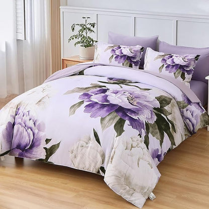Dobuyly Purple Queen Comforter Set 7 Piece Bed in a Bag Queen, Purple Floral Printed on Light Purple Comforter Set with Sheets, Soft Microfiber Botanical Complete Bedding Set for All Season