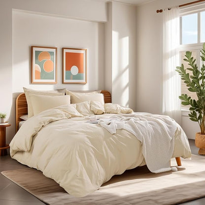 NEXHOME PRO Duvet Cover Set King Size Linen Look Textured Organic Natural 100% Washed Cotton Duvet Cover 3 Pieces Bedding Set with Zipper (No Comforter)
