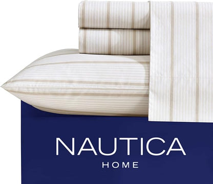 Nautica - Twin Size Sheet Set, Crisp & Tailored Cooling Sheets with a Smooth Cotton Percale Lightweight Feel - Bed Sheets with Matching Pillowcase & Fitted Sheet (Merrick Stripe Beige)