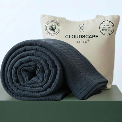 CLOUDSCAPE 100% Cotton 4 Layer Muslin Blanket Queen Size, Oversized, 92x92 Fits Upto Full Size Bed, Soft Breathable, Lightweight Layering, Summer Blanket for Adults, Spring Gift Idea - Ensign Blue