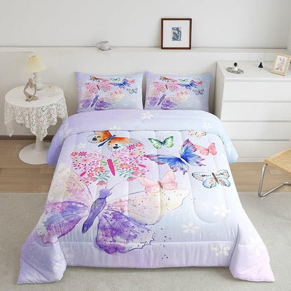 Purple Butterfly Comforter Set for Kids,Kids Girls Butterflies Bedding Sets Teens Cute Room Decor,Daisy Flowers Rustic Flying Animal Duvet Set Quilt Set Twin 1 Comforter with 1 Pillow Case