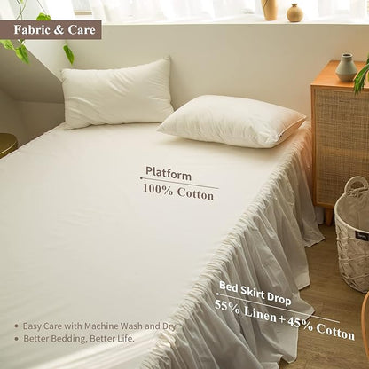 BISELINA French Linen Bed Skirt with Pleated Frills 22-Inch Tailored Drop Natural Flax Cotton Blend Dust Ruffle Soft Cozy Farmhouse Bedding (22" Full, White)