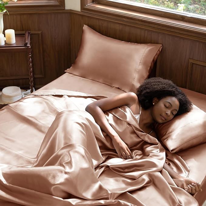 CozyLux Satin Sheets Full Size Sheets - 4 Piece Silky Full Size Bed Sheets, Luxury Salmon Pink Full Bed Set with Smooth and Soft Microfiber, Includes 1 Fitted Sheet, 1 Flat Sheet and 2 Pillowcases