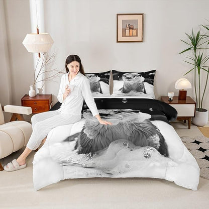 Erosebridal Marine Animal Comforter Set Toddler Size Sea Otter Bedding Set for Kids Boys Girls Kawaii Shower Bubbles White Beige Black Comforter Warm Soft Quilt Insert