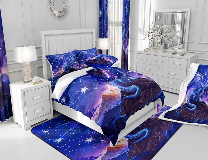 Dragon Comforter Set Queen Size,Starry Sky Mountains Bedding Set for Kids Girls Boys Room Decor,Blue Purple Western Magical Quilt Set 3Pcs,Wild Animal Trippy Duvet Insert,2 Pillowcases