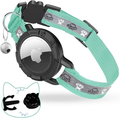 Breakaway AirTag Cat Collar, Reflective Cat Tracker Collar with Bell | Built in AirTag Holder, Adjustable 8.5-12in for Cats, Kittens and Puppies, Safety Elastic Band, Reflective for Night Walking