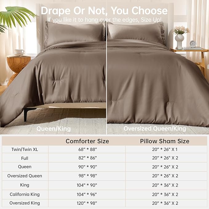 MUXHOMO Queen Comforter Set, All Season Ultra Soft Down Alternative Bedding - 3 Piece Lightweight Bed Set Includes 1 Comforter (90"x90") and 2 Pillow Shams (20"x26"), Brown