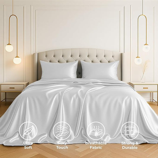 Satin Sheets California King [4-Piece, White] Luxury Silky Bed Sheets - Extra Soft 1800 Microfiber Sheet Set, Wrinkle, Fade, Stain Resistant - Deep Pocket Fitted Sheet, Flat Sheet, Pillow Cases