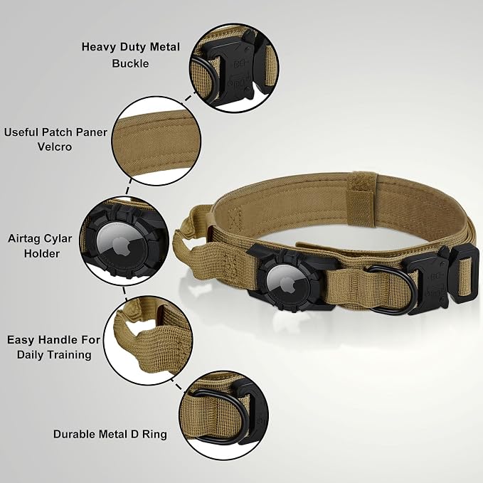 Tactical AirTag Dog Collar Leash Set - Heavy Duty, Adjustable GPS Colla | Compatible with Apple AirTag, with Holder & Control Handle for Medium/Large Dogs [Brown, XL]