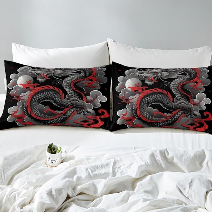 Feelyou Dragon Bedding Set King Size Kids Japanese Ukiyoe Comforter Cover Set Japanese Style 3D Dragon Anime Ancient Wildlife Sun Duvet Cover Black Bedspread Cover Room Decor Quilt Cover,No Comforter