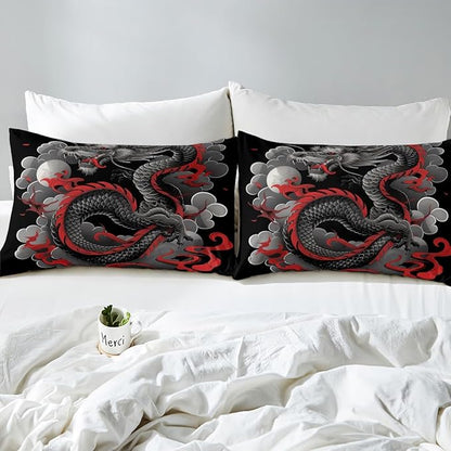 Feelyou Dragon Bedding Set Queen Size Kids Japanese Ukiyoe Comforter Cover Set Japanese Style 3D Dragon Anime Ancient Wildlife Sun Duvet Cover Black Bedspread Cover Room Decor Quilt Cover,No Comforter